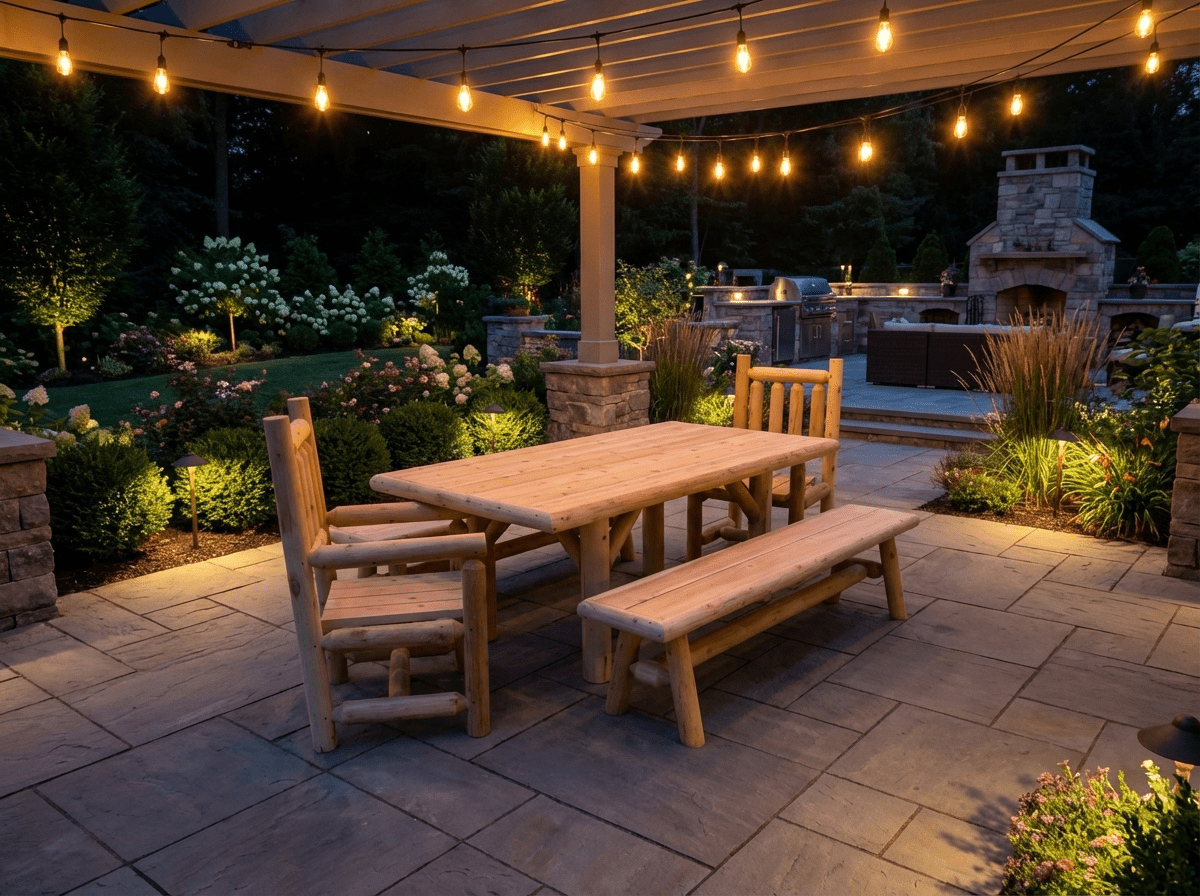 Outdoor Farmhouse Cedar Dining Set with Table, 2 Benches & 2 Chairs