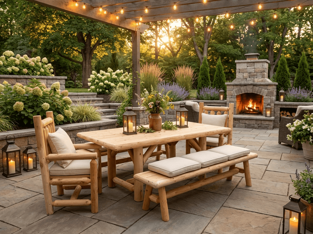 Outdoor Farmhouse Cedar Dining Set with Table, 2 Benches & 2 Chairs