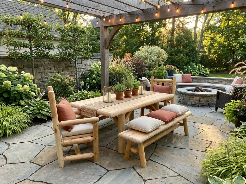 Outdoor Farmhouse Cedar Dining Set with Table, 2 Benches & 2 Chairs