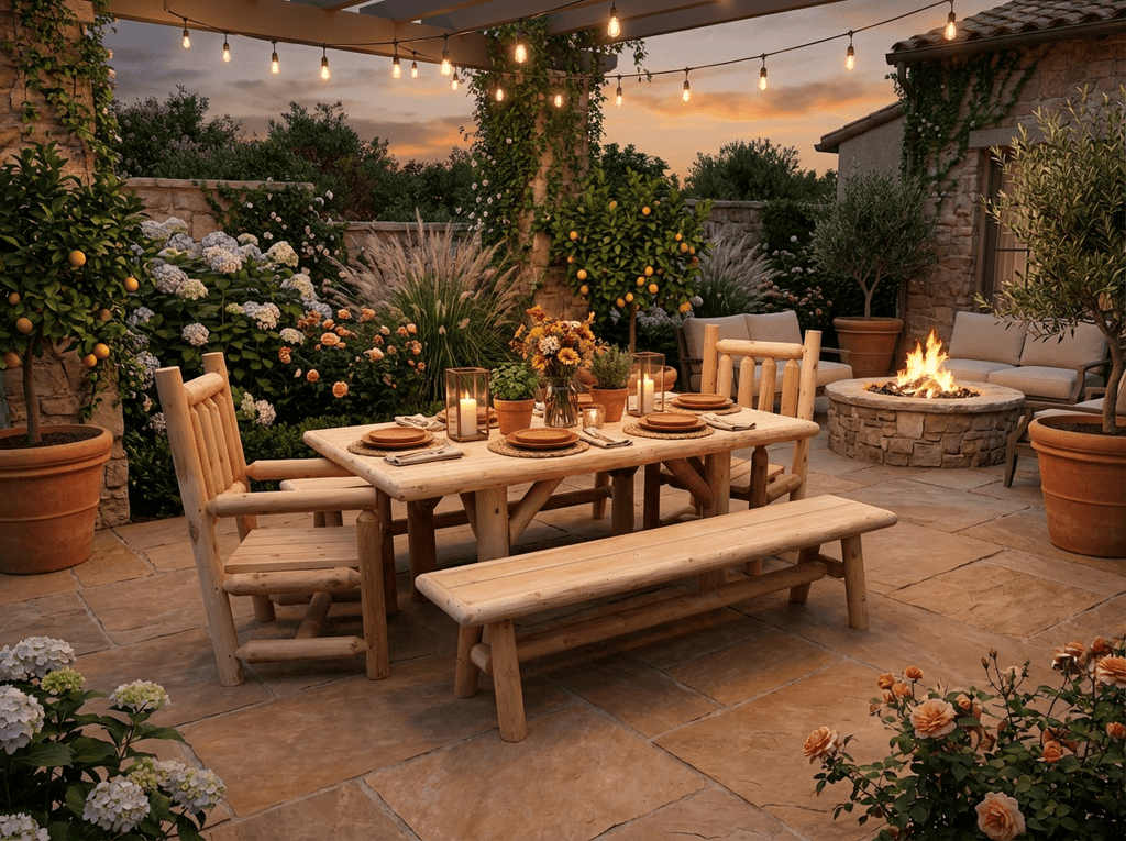 Outdoor Farmhouse Cedar Dining Set with Table, 2 Benches & 2 Chairs