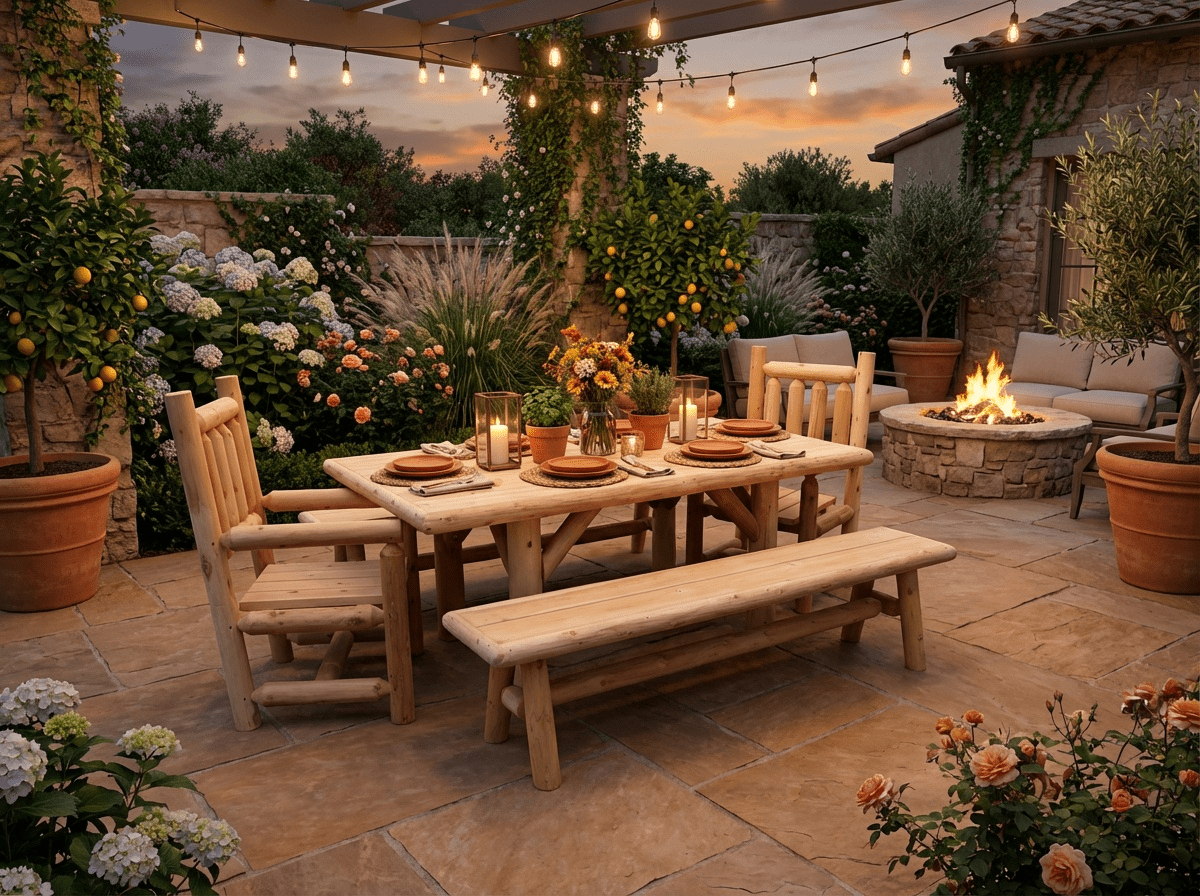 Outdoor Farmhouse Cedar Dining Set with Table, 2 Benches & 2 Chairs