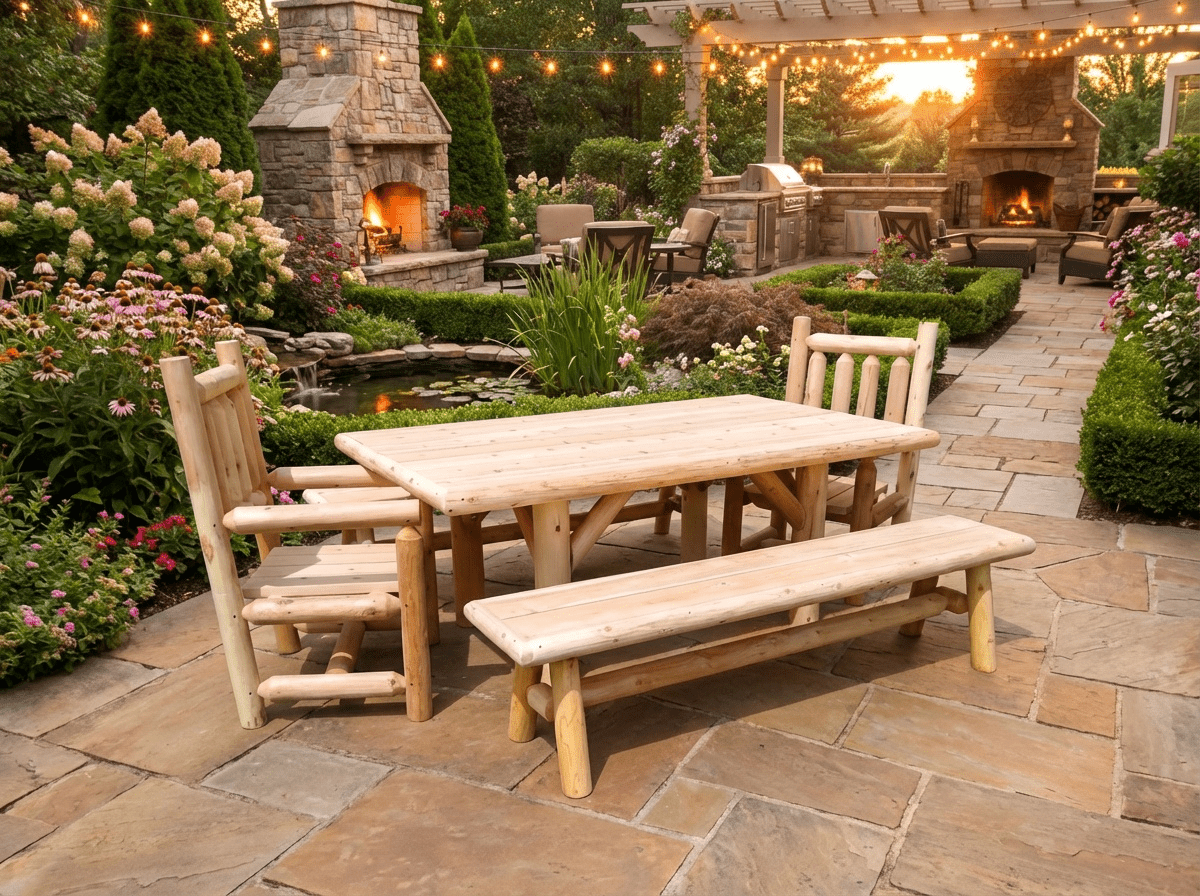 Outdoor Farmhouse Cedar Dining Set with Table, 2 Benches & 2 Chairs