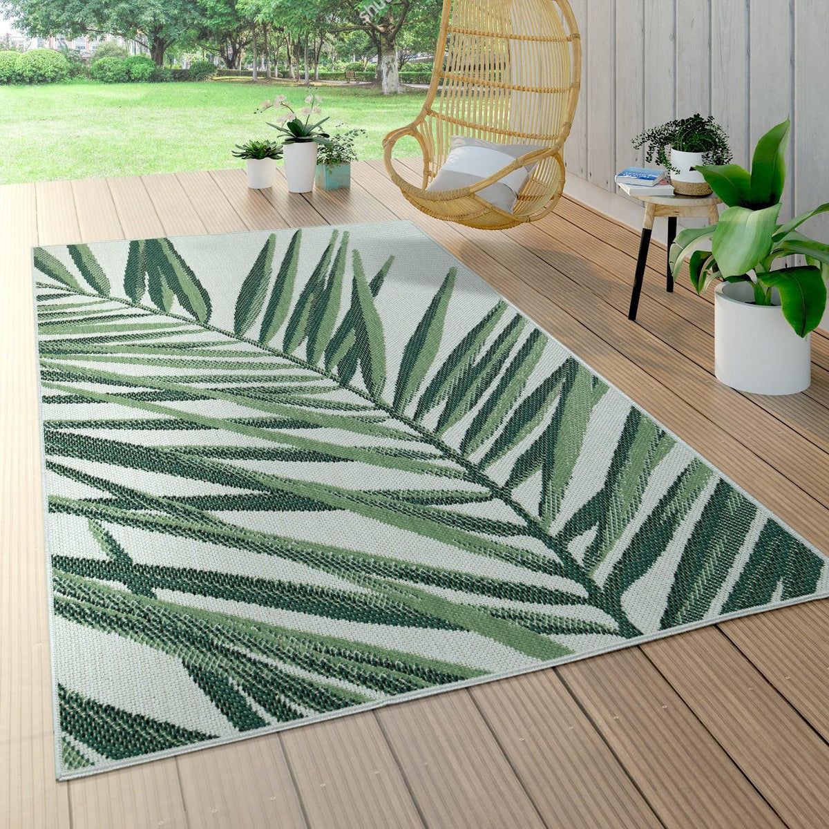Green & Beige Palm Leaf Outdoor Rug