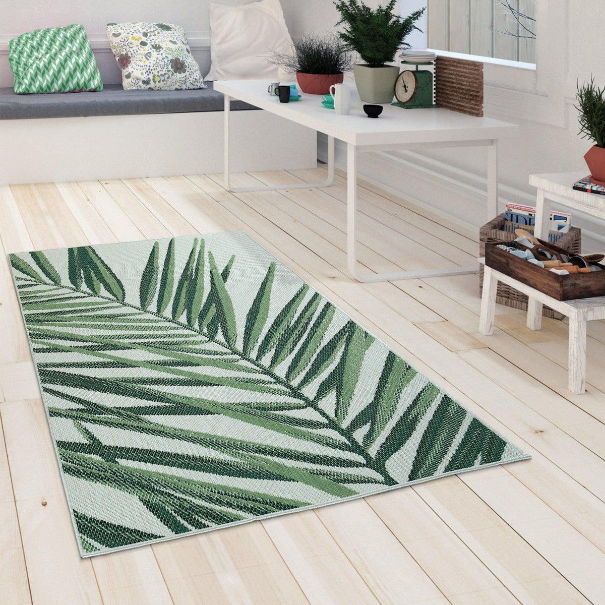 Green & Beige Palm Leaf Outdoor Rug
