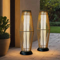 Two tall woven solar floor lanterns with grey rope design