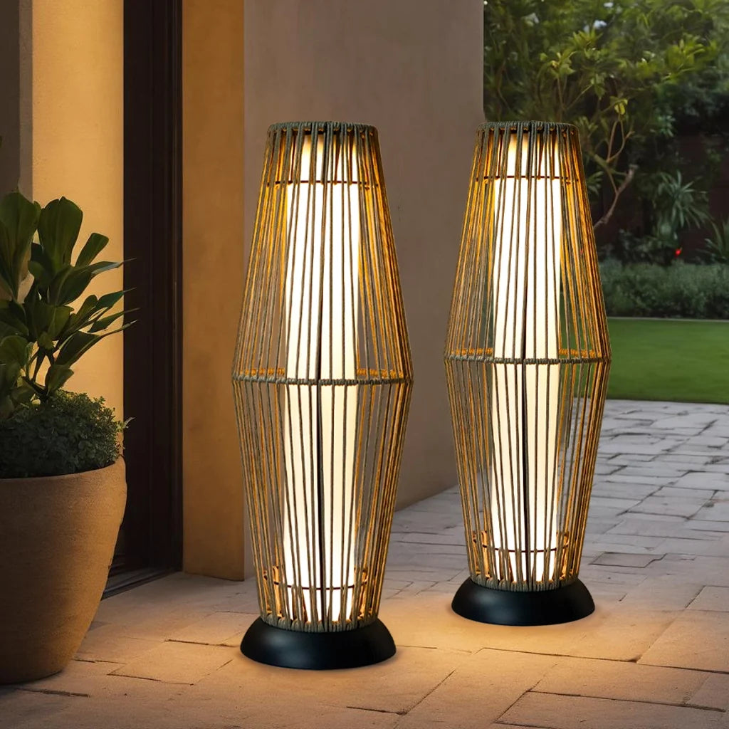 Two tall woven solar floor lanterns with grey rope design