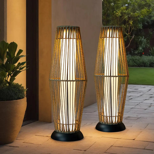 Two tall woven solar floor lanterns with grey rope design
