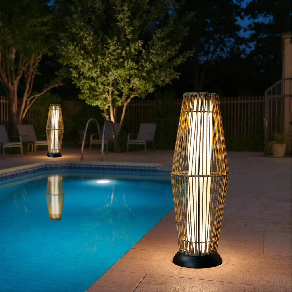 Woven solar floor lantern set for patio and porch lighting
