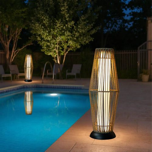 Woven solar floor lantern set for patio and porch lighting