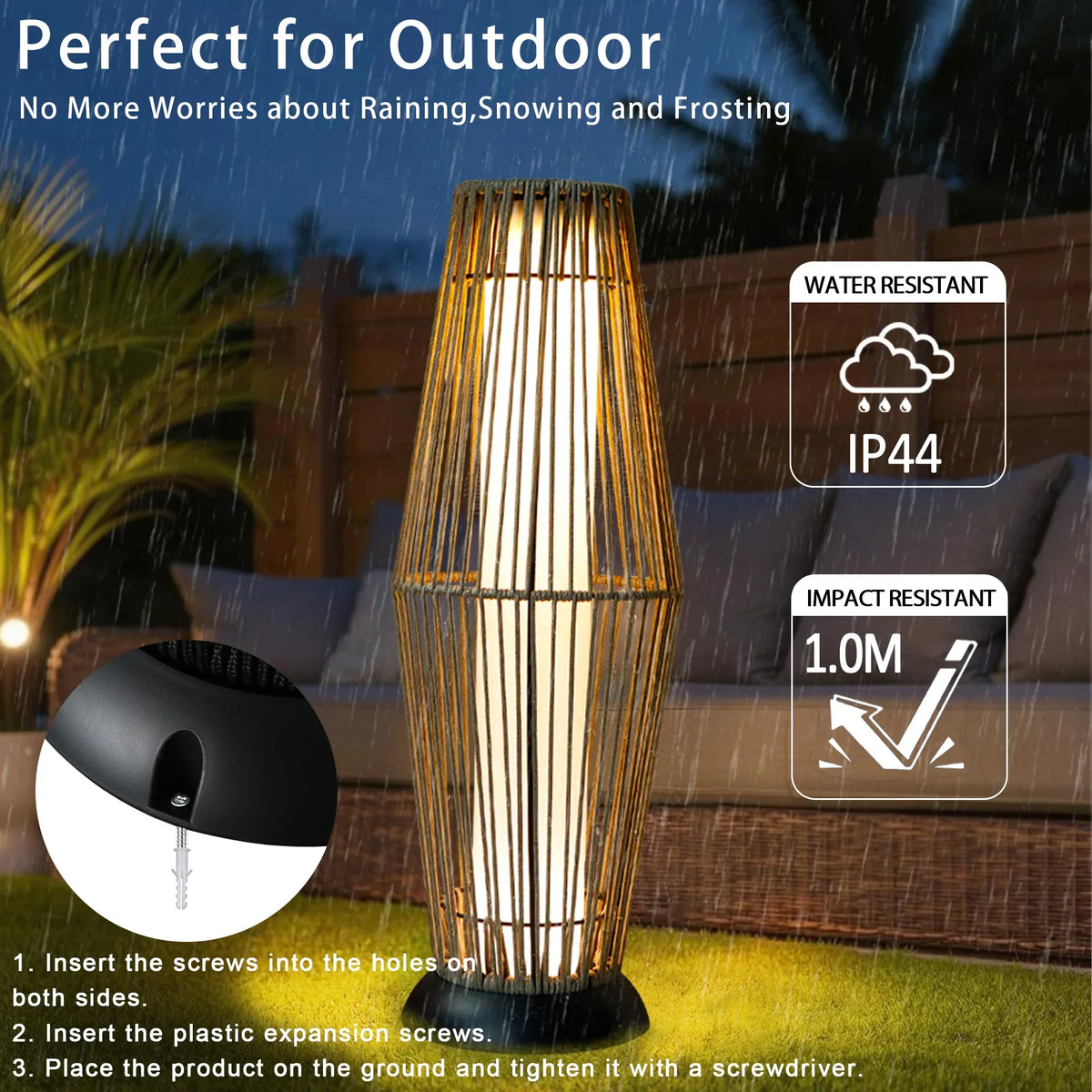 Tall grey woven solar lantern glowing outdoors