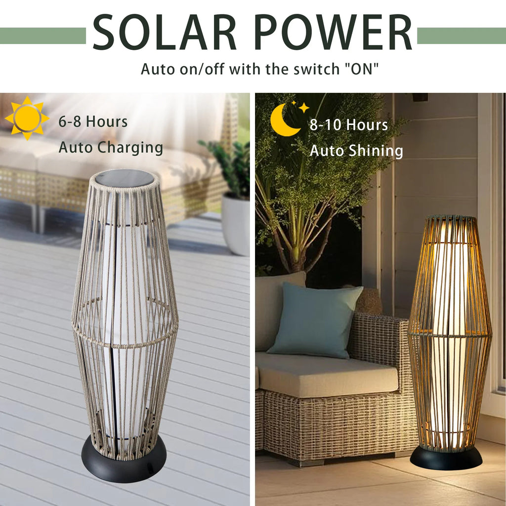 Outdoor solar floor lantern with open-weave rope texture