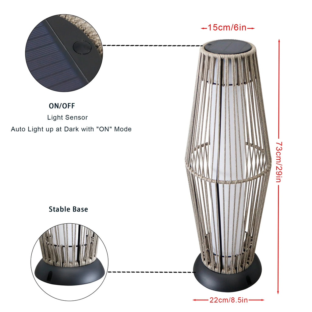Two-piece woven solar floor lantern set in outdoor setting