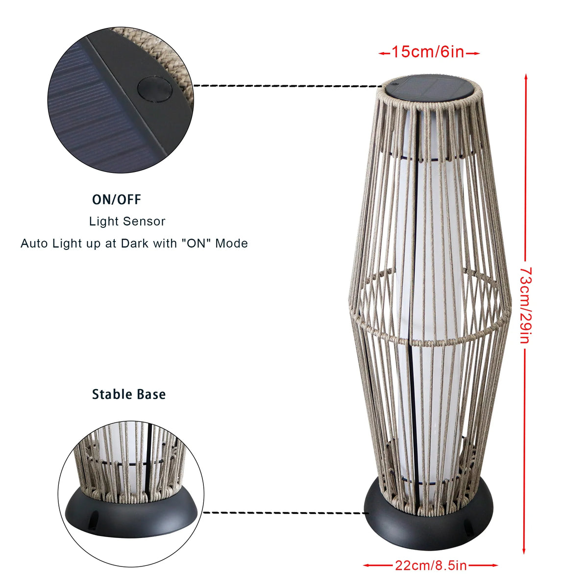 Two-piece woven solar floor lantern set in outdoor setting