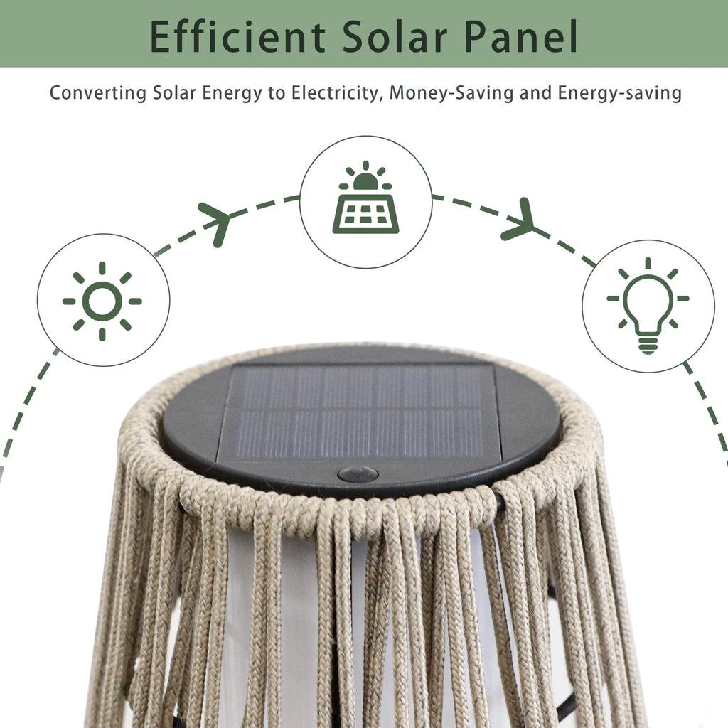 Woven solar floor lantern showing tall freestanding design