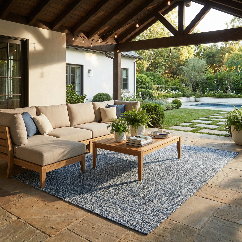 Carbrook blue faux jute outdoor rug product information