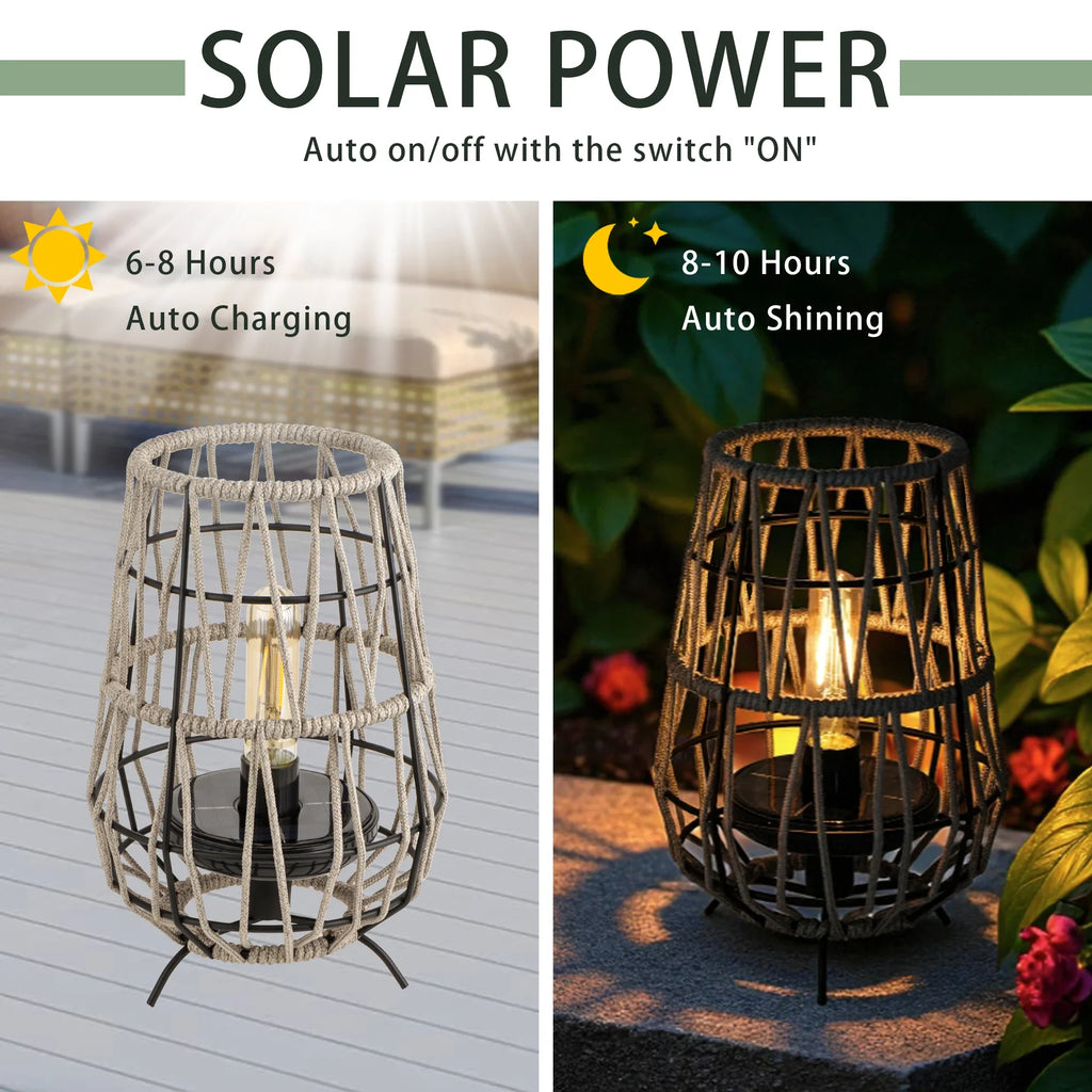 Two-piece woven solar lantern set for patio and garden use
