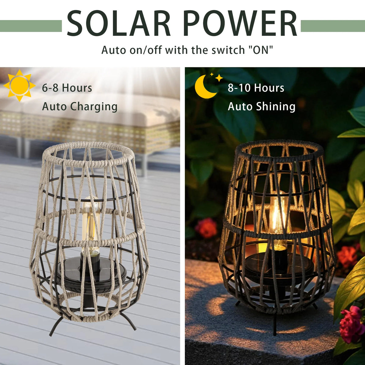 Two-piece woven solar lantern set for patio and garden use
