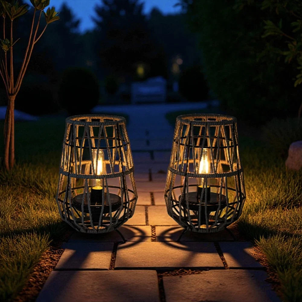 Woven solar table lantern with grey olefin rope detail