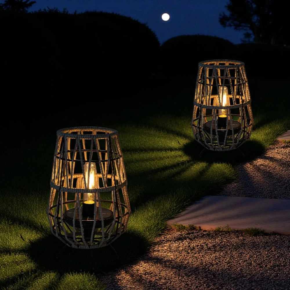 Portable solar lantern with rope handle for outdoor hanging