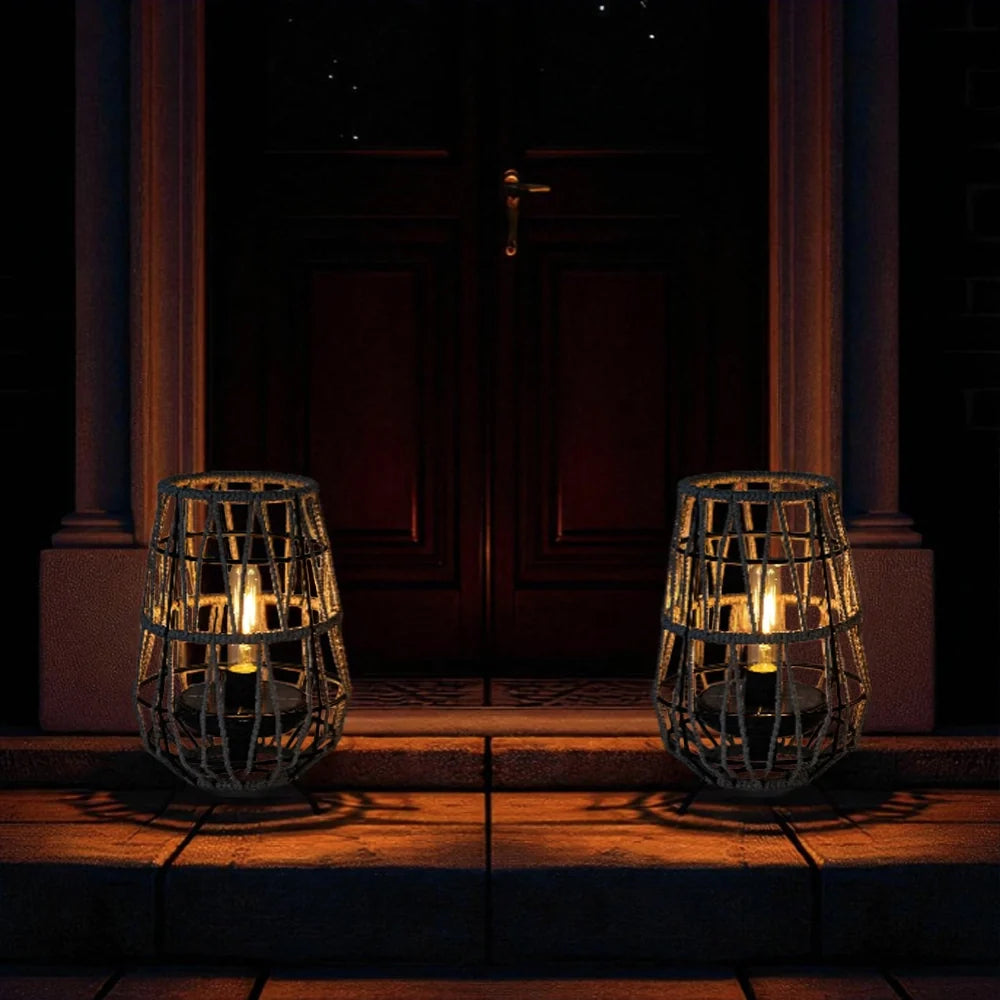 Solar outdoor lantern showing metal and woven construction
