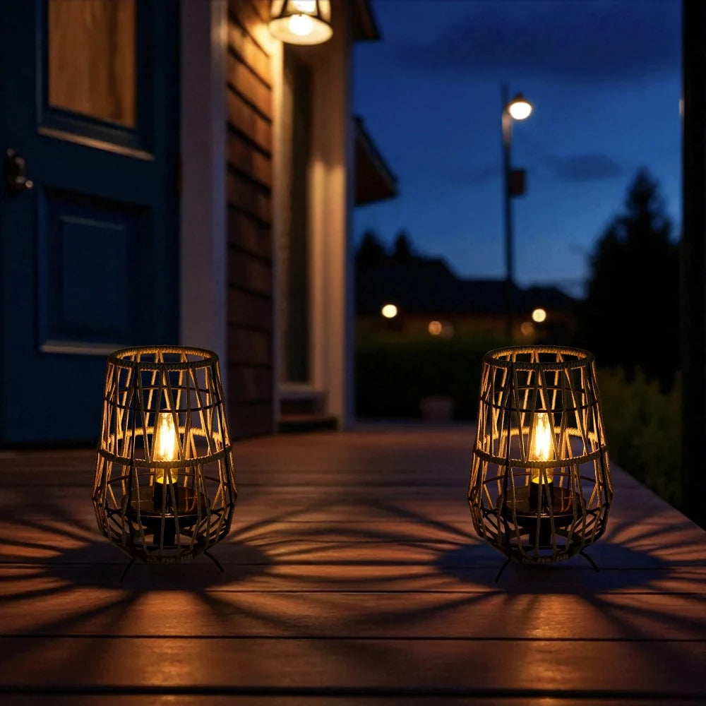 Woven solar lantern for patio tabletop lighting