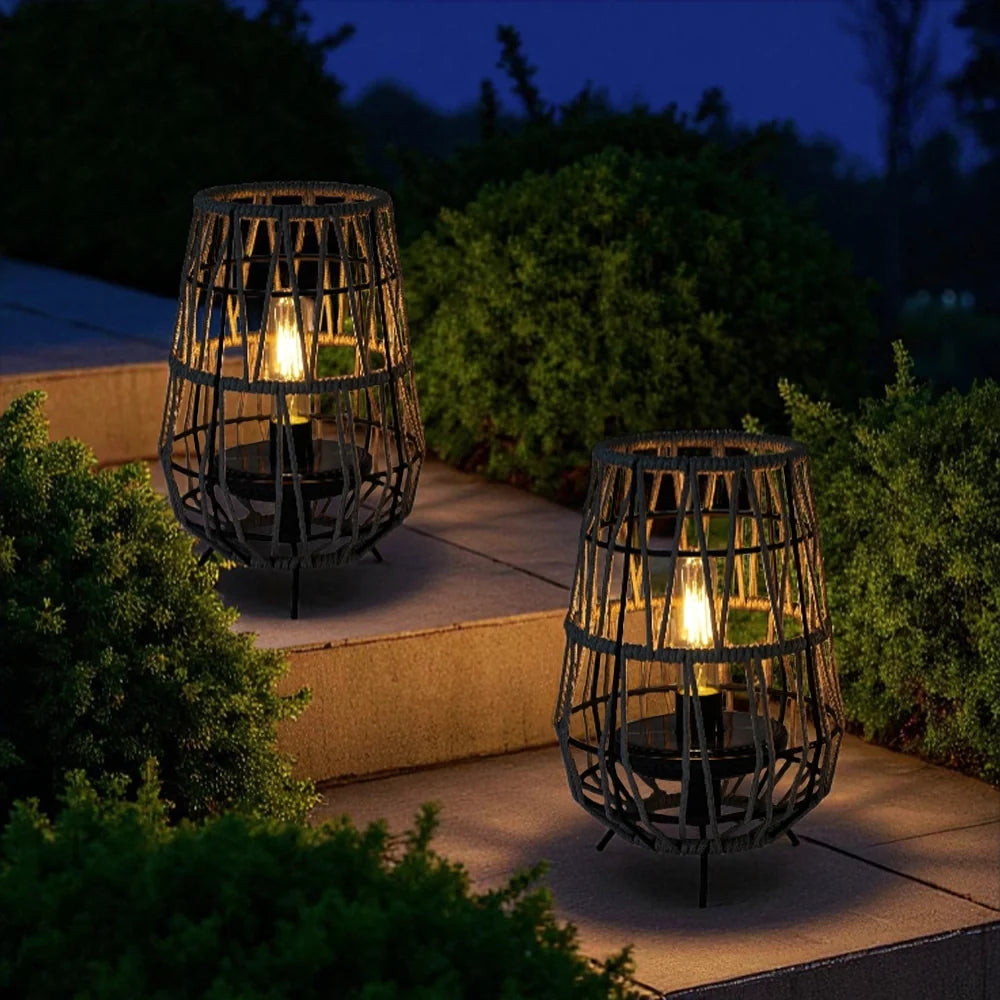 Grey woven solar lantern set for outdoor evening lighting