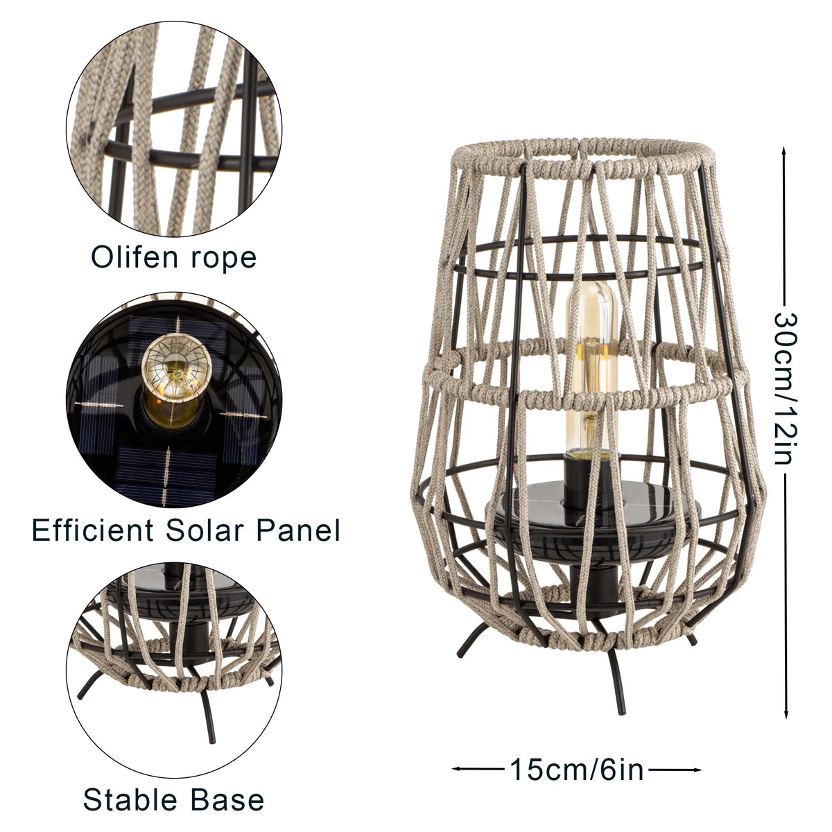 Grey woven solar outdoor lantern glowing after dusk
