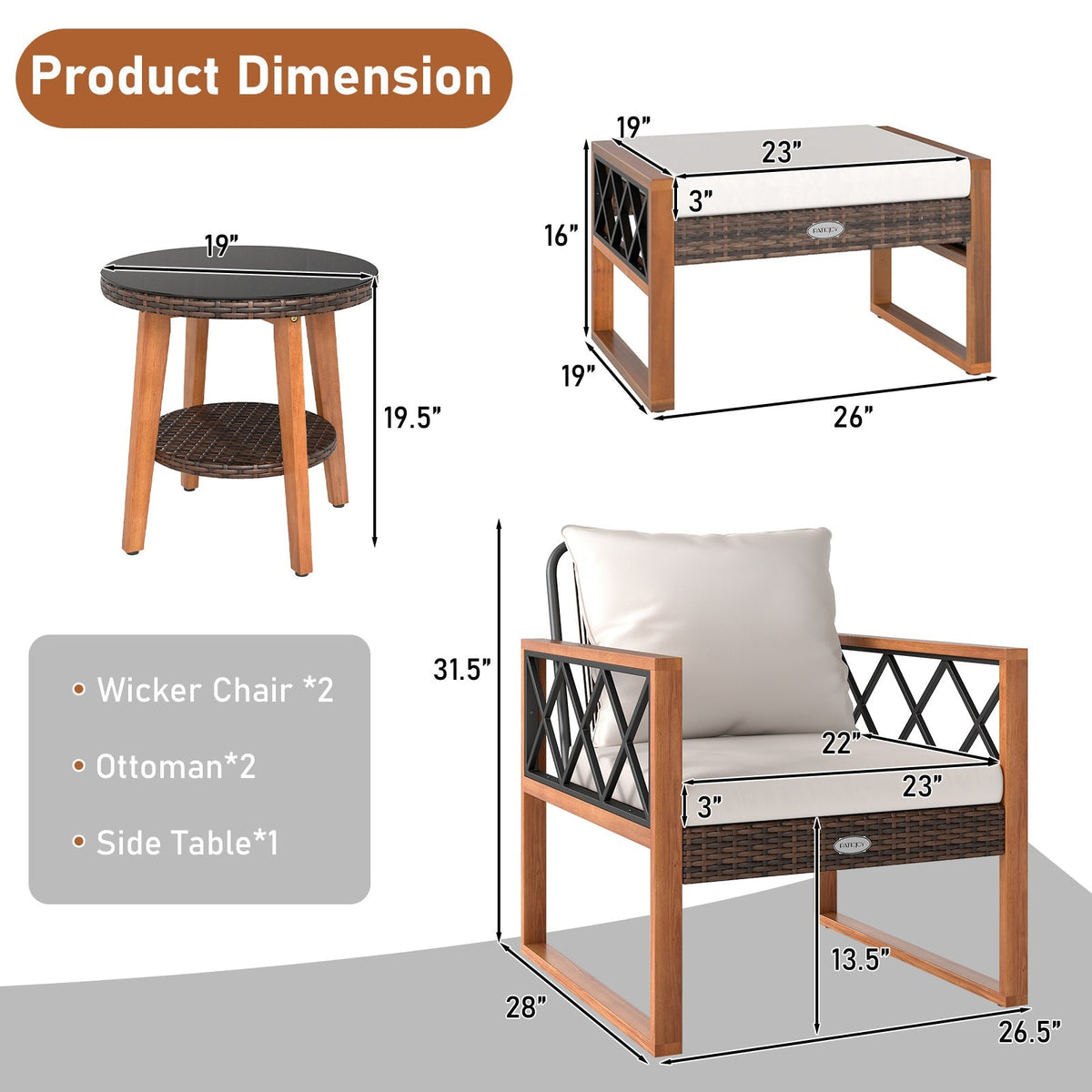 5-Piece Acacia Wood & Rattan Outdoor Conversation Set