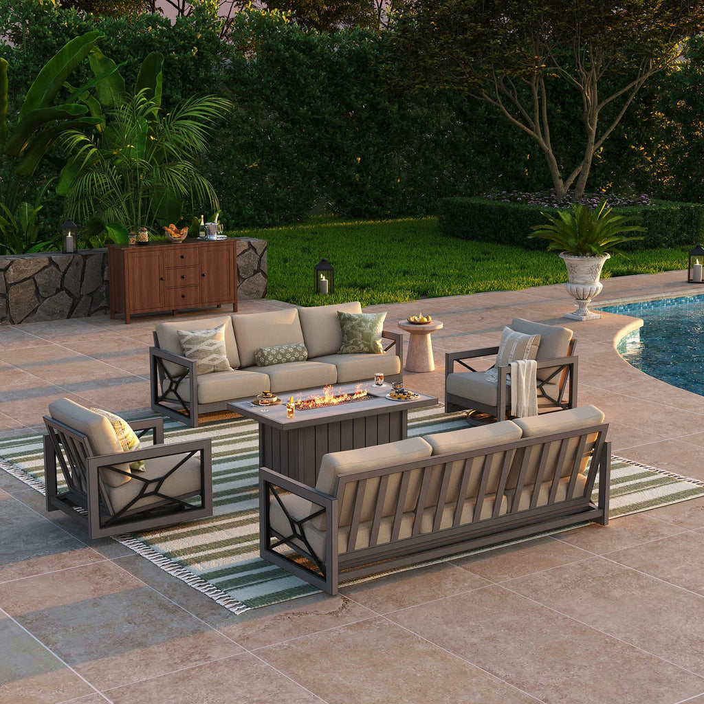 Marindo 8-Person Faux-Wood Aluminum Swivel Patio Outdoor Salon with Fire Pit Table