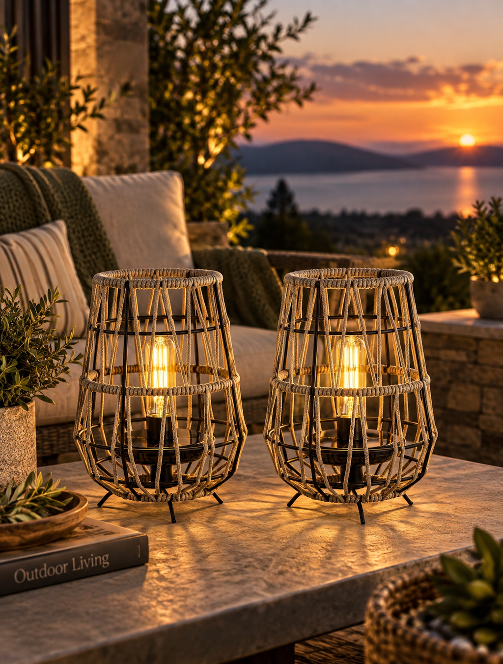 Two woven solar table lanterns glowing on an outdoor patio at sunset
